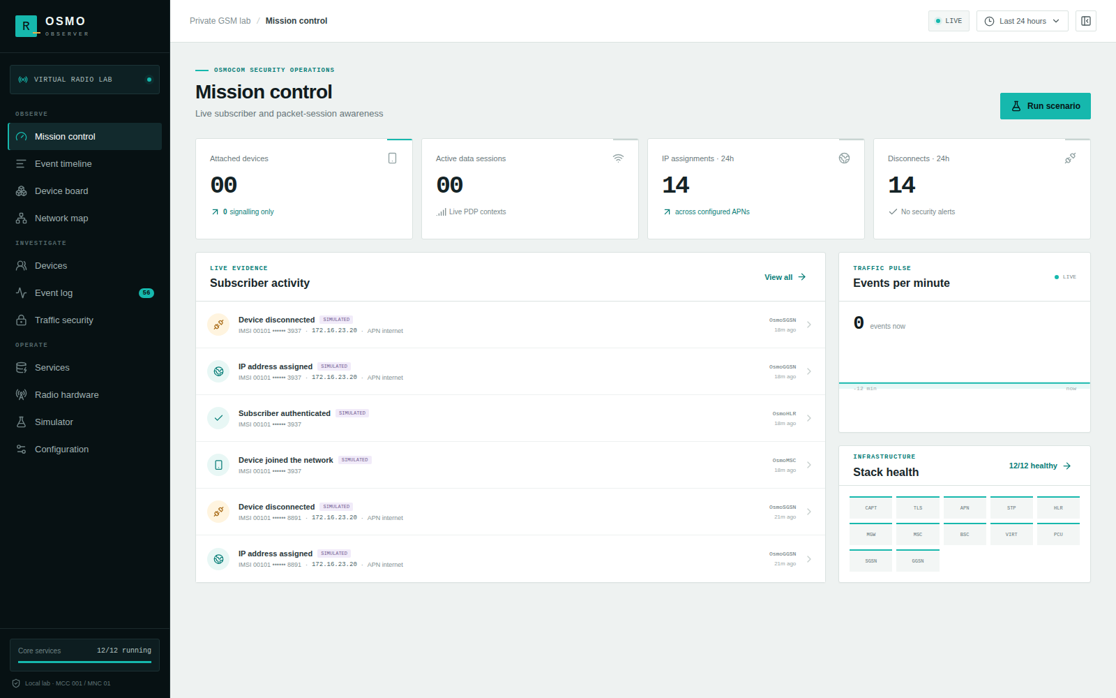 Osmo Observer mission control showing subscriber activity and Osmocom stack health