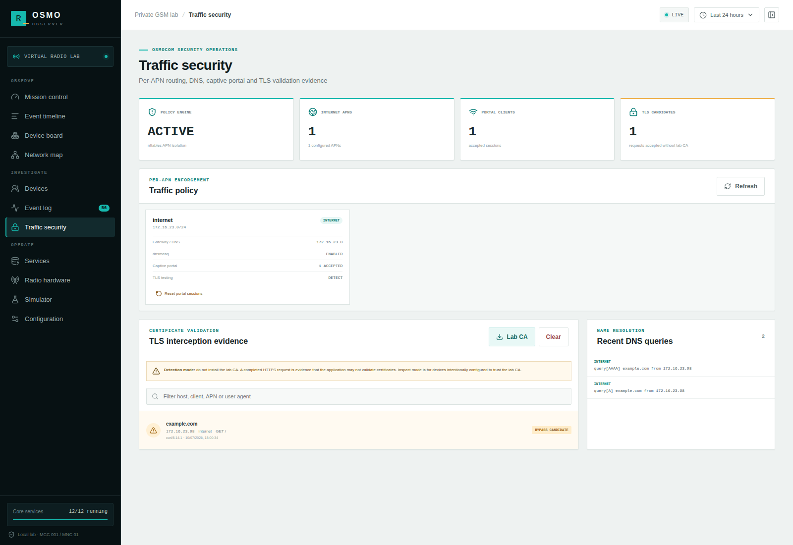 Traffic security dashboard with APN policy, DNS evidence and a TLS bypass candidate